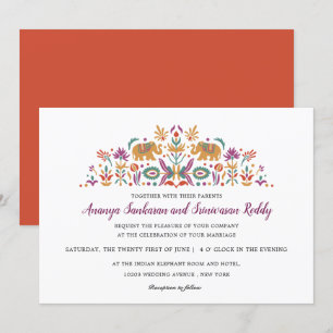 Invitation Fleur indienne Eléphant Orange mariage moderne