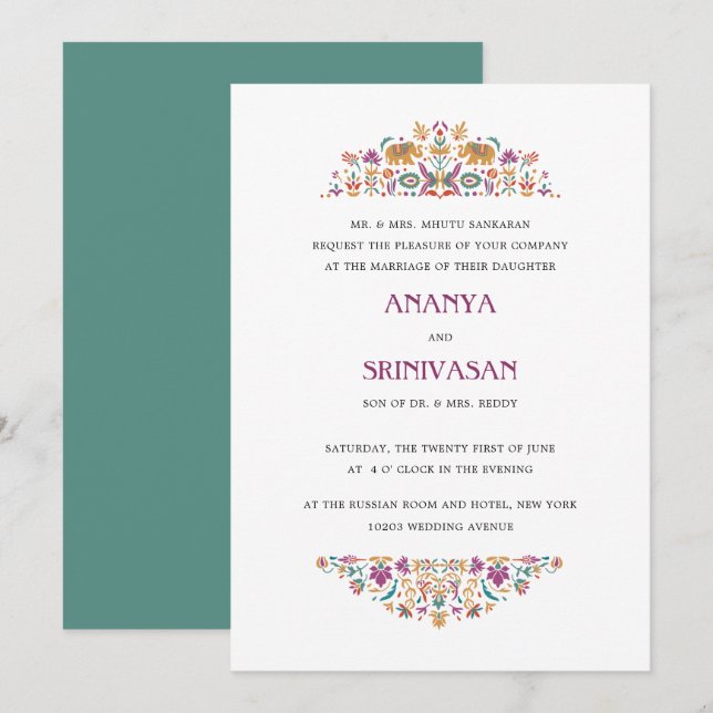 Invitation Fleur indienne Jade Green Elephant Mariage officie (Devant / Derrière)