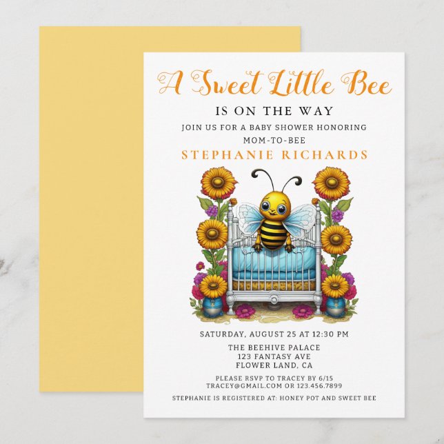 Invitation Fleur Jaune Sweet Little Bee Baby shower (Devant / Derrière)