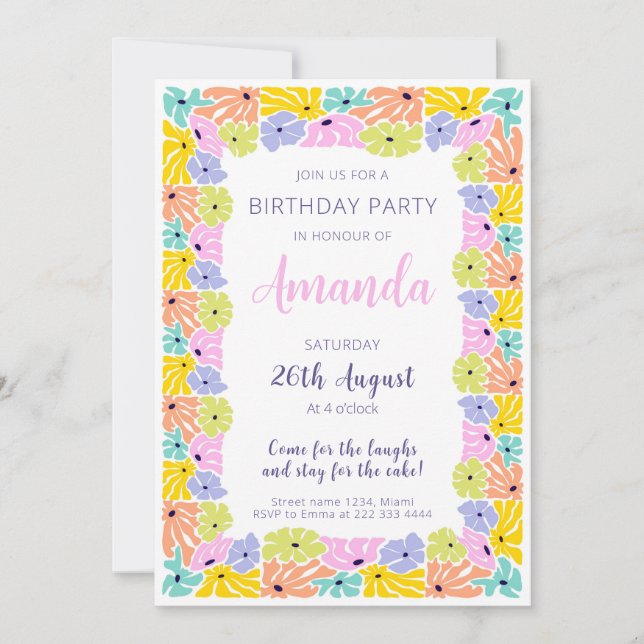 Invitation Fleur joyeuse Fête d'anniversaire (Devant)