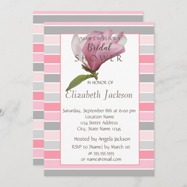 Invitation Fleur, Magnolia Rayures Baby Shower Nuptial (Devant / Derrière)