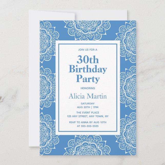 Invitation Fleur Mandala bleu et blanc en soie 30e anniversai (Devant)
