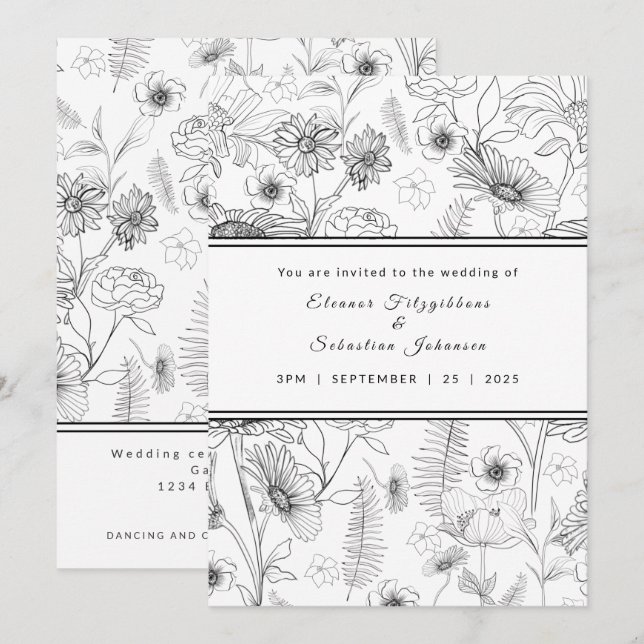 Invitation Fleur marguerite noire et blanche rose motif maria (Devant / Derrière)