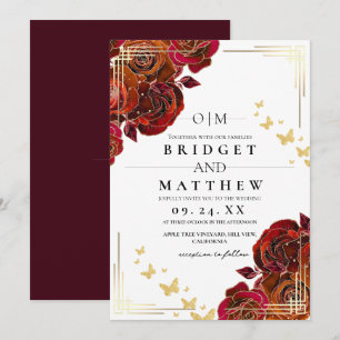 Invitation Fleur moderne Rouge Rose et Mariage or