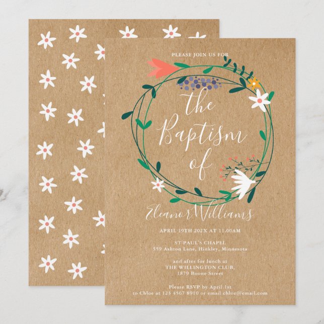 Invitation Fleur moderne rustique baptême (Devant / Derrière)