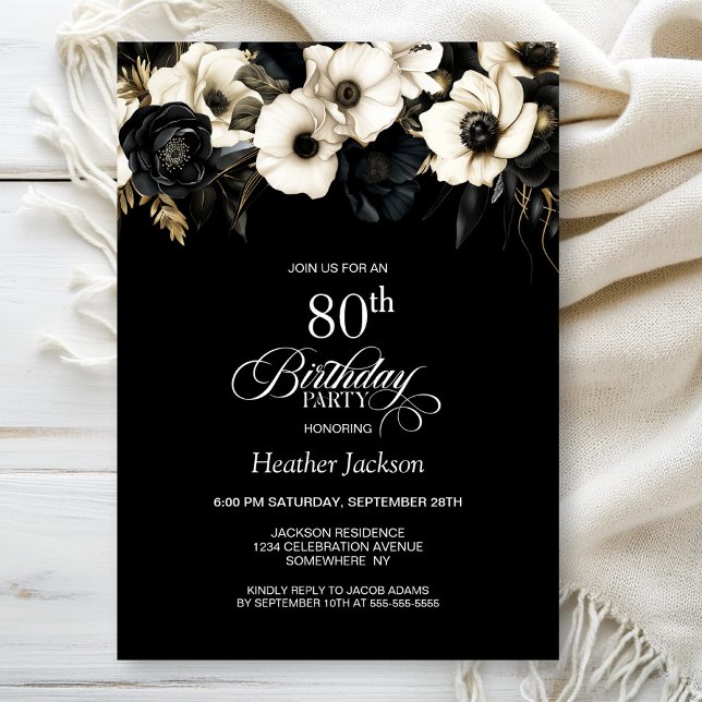 Invitation Fleur noire et blanche 80e fête d'anniversaire (Créateur téléchargé)