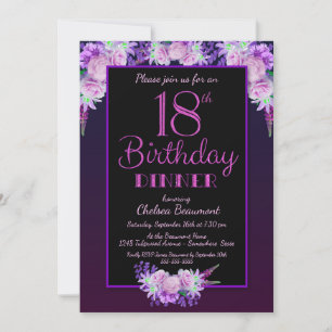 Invitation Fleur noire et violette 18e anniversaire Dîner fêt