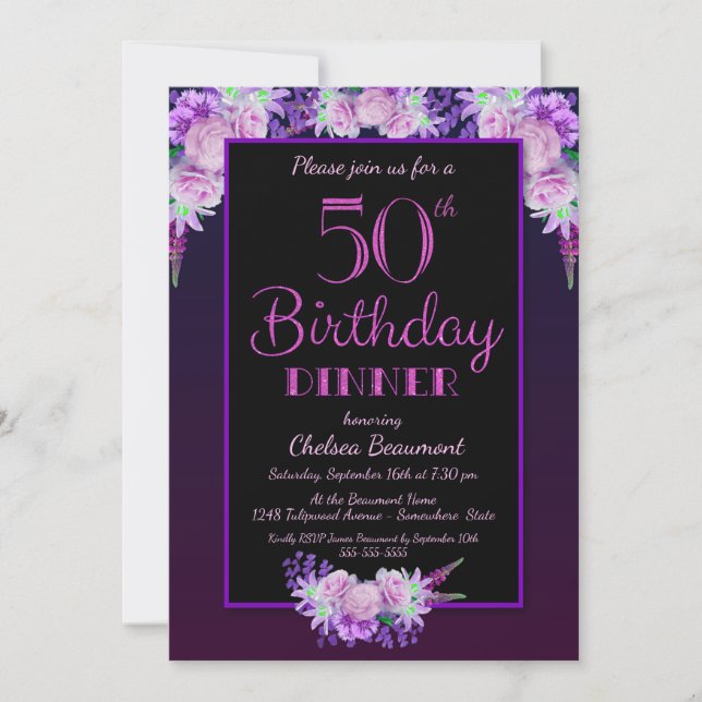 Invitation Fleur noire et violette 50e anniversaire Dîner fêt (Devant)
