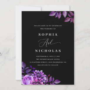 Invitation Fleur noire et violette   Élégant Mariage gothique