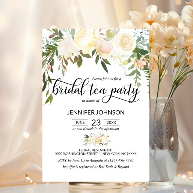 Invitation Fleur Pink Ivoire crème Fête des mariées Tea Party (Floral Pink Ivory Cream Bridal Shower Tea Party Invitation)