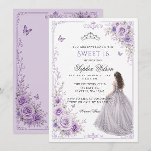 Invitation Fleur Princesse Rose 16 ans Argent Violet