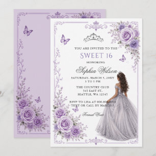 Invitation Fleur Princesse Rose 16 ans Argent Violet