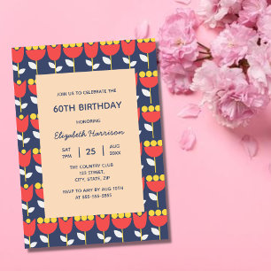 Invitation Fleur rétro géométrique Bauhaus Pêche Anniversaire