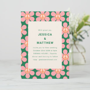 Invitation Fleur Rétro Paix Rose Vert Mariage Groovy