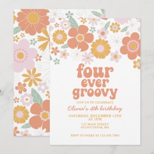 Invitation Fleur Rétro Quatre Forever Groovy 4ème anniversair