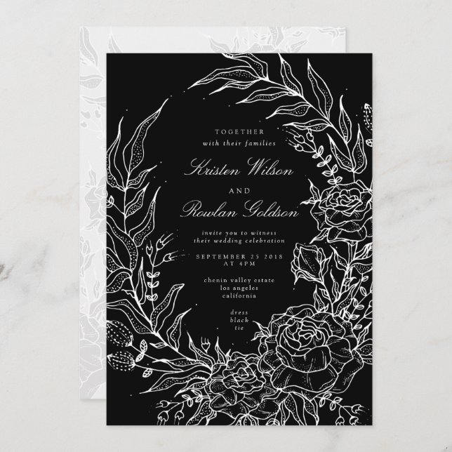 Invitation Fleur romantique noire blanc Mariage blanc (Devant / Derrière)