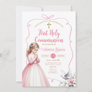 Invitation Fleur rose 1ère communion fille priant la croix