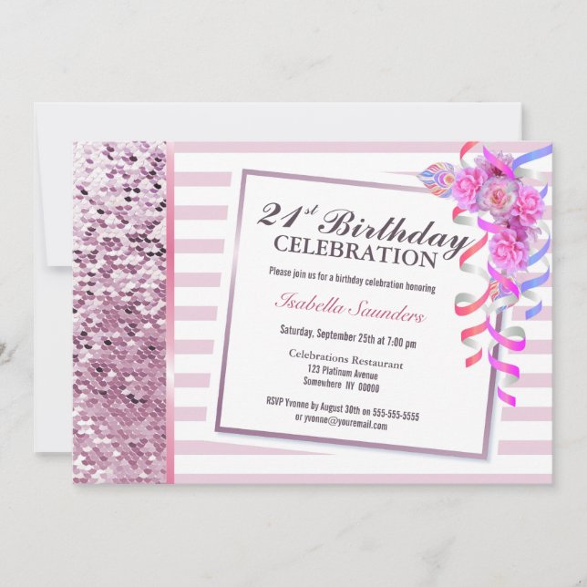 Invitation Fleur rose 21e fête d'anniversaire (Devant)