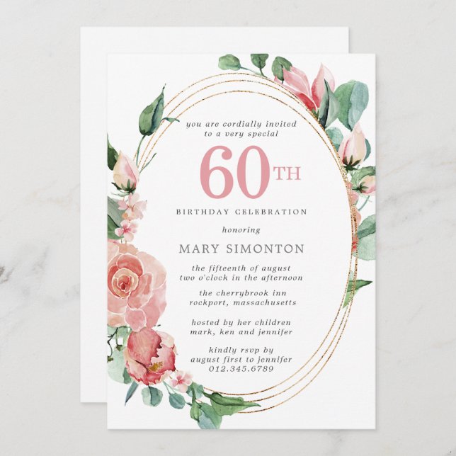 Invitation Fleur rose 60e fête d'anniversaire (Devant / Derrière)