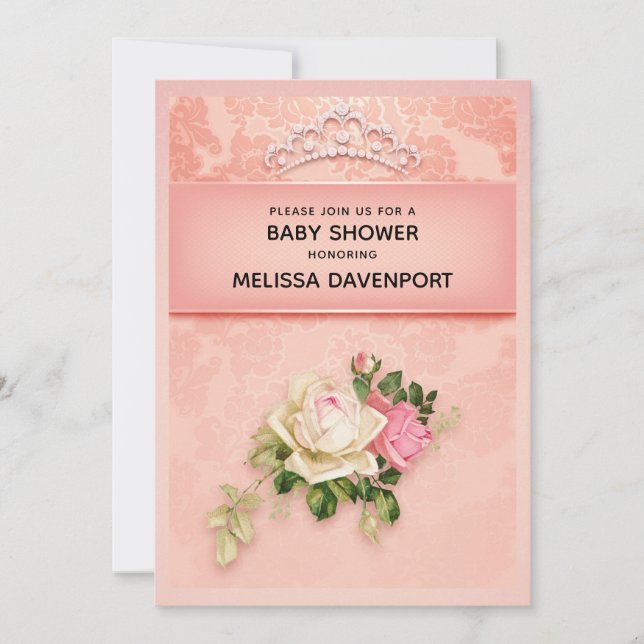 Invitation Fleur rose avec Baby shower élégant Diamond Tiara (Devant)