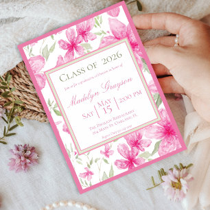 Invitation Fleur rose Azalée aquarelle Remise de diplômes