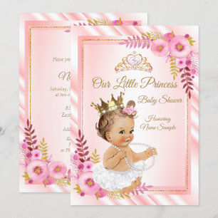 Invitation Fleur rose Blanche Princesse Baby Shower Brunette