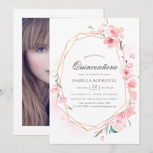 Invitation Fleur rose cerisier Géométrique Quinceañera (Devant / Derrière)