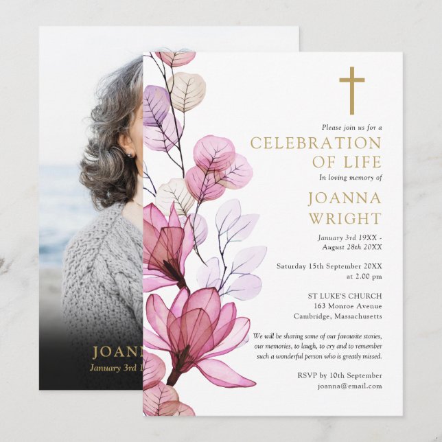 Invitation Fleur rose Christian Memorial Funérailles Photo (Devant / Derrière)