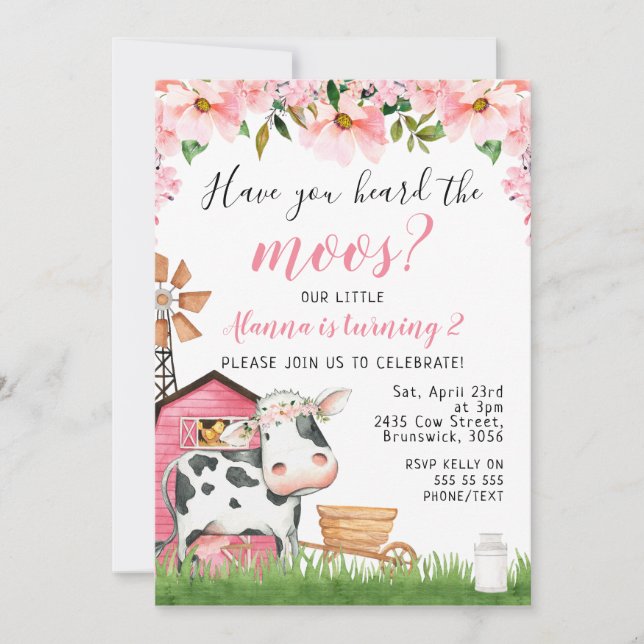 Invitation Fleur Rose Daisy Entendre La Vache Moos Anniversai (Devant)