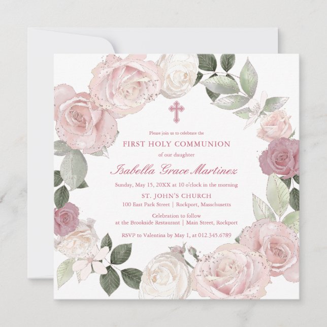 Invitation Fleur rose de la première sainte communion (Devant)