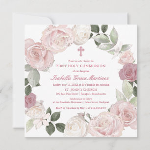 Invitation Fleur rose de la première sainte communion