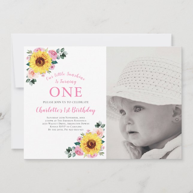 Invitation Fleur rose de tournesol 1er anniversaire fête de p (Devant)