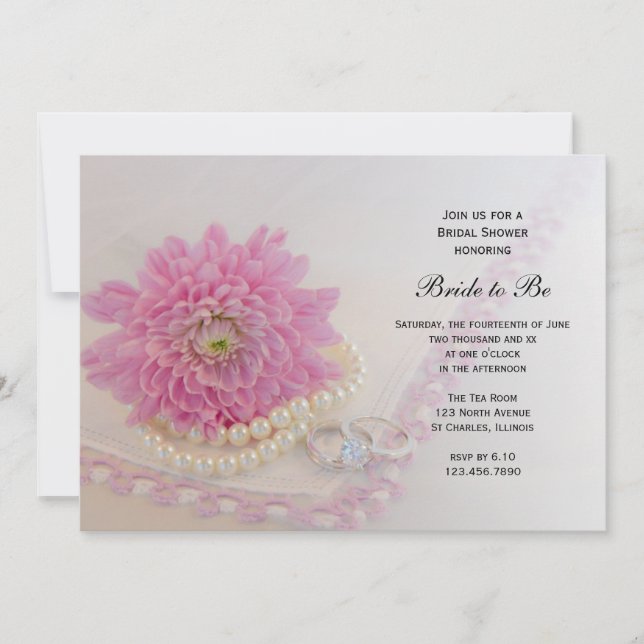 Invitation Fleur rose, dentelle et anneaux Fête des mariées (Devant)
