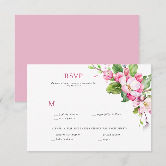 Invitation Fleur rose et blanche de pomme RSVP (Devant / Derrière)