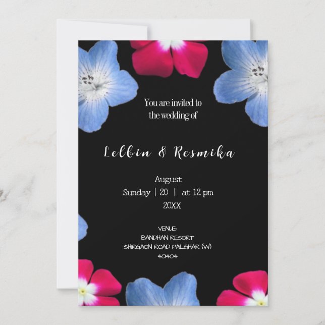 Invitation Fleur rose et bleue sur noir (Devant)