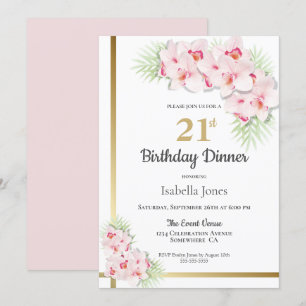 Invitation Fleur rose et or 21e anniversaire Dîner fête