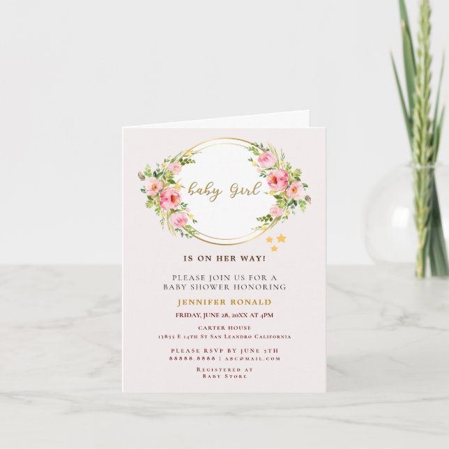 Invitation Fleur rose et or baby shower fille bébé (Devant)