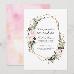 Invitation Fleur rose et or Confetti Quinceanera