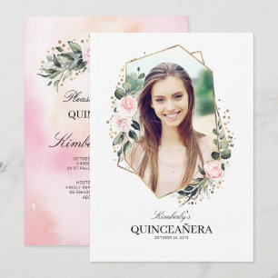 Invitation Fleur rose et or Confetti Quinceanera Photo