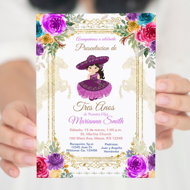 Invitation Fleur rose et or Tres Anos Mexicain (Créateur téléchargé)