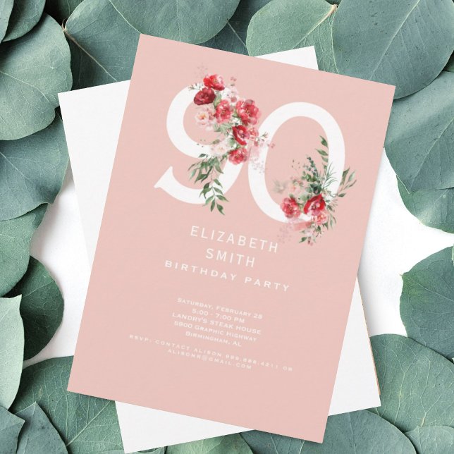 Invitation Fleur rose et rouge Elégante 90ème anniversaire (Créateur téléchargé)