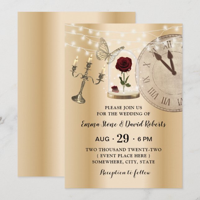 Invitation Fleur Rose Fairytale Dome Mariage or moderne (Devant / Derrière)