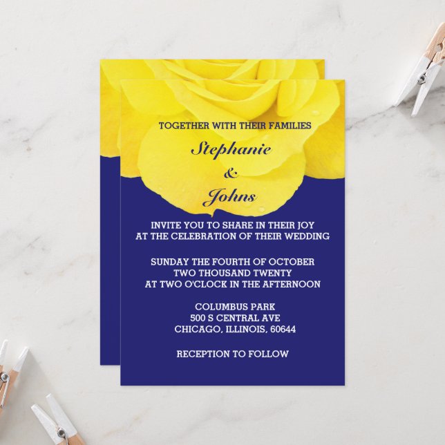 Invitation Fleur rose Golden Jaune Midnight Blue Mariage (Devant/Arrière en situation)