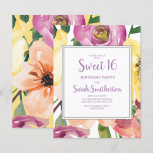 Invitation Fleur rose jaune violet Douce 16e anniversaire