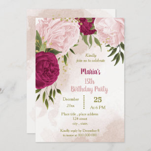 Invitation fleur rose magenta feuilles anniversaire vert