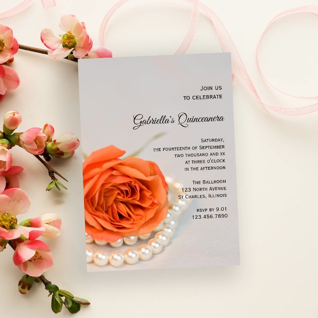 Invitation Fleur Rose orange et Perles Quinceanera Party (Créateur téléchargé)