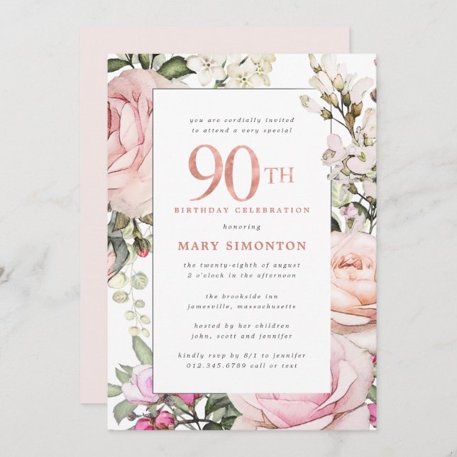 Invitation Fleur rose pâle 90e fête d'anniversaire (Devant / Derrière)
