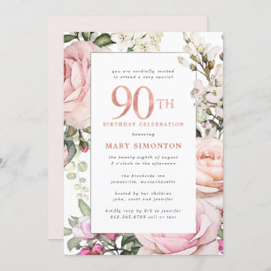 Invitation Fleur rose pâle 90e fête d'anniversaire