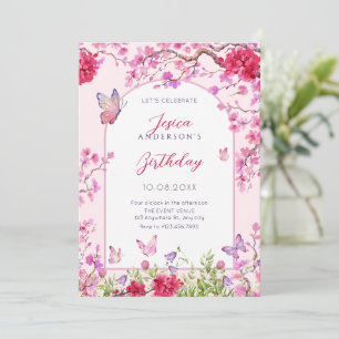 Invitation Fleur rose papillons anniversaire