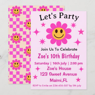 Invitation Fleur rose Retro À damiers Fille Anniversaire
